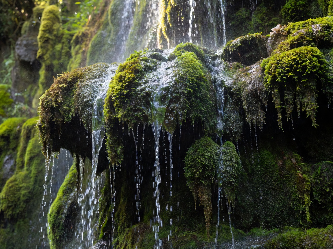Detailed close up of Mossbrae Waterfall trickling over lush moss overhangs