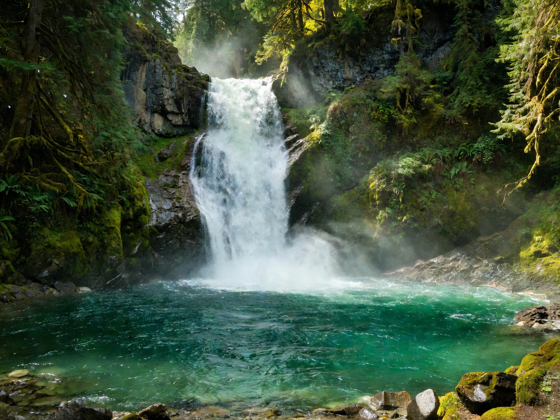 Emerald Glen Falls plunging into a deep pristine turquoise plunge pool
