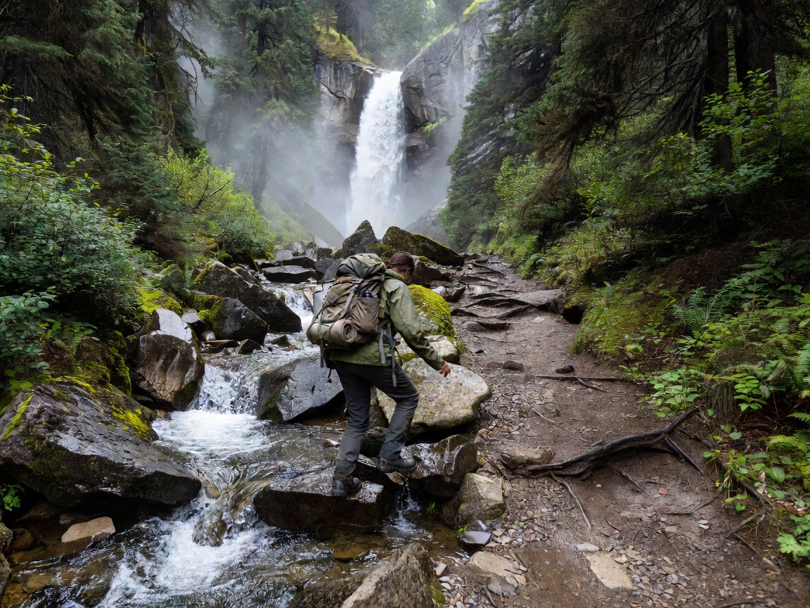 Hiker with backpack navigating mountain stream trail towards hidden waterfall
