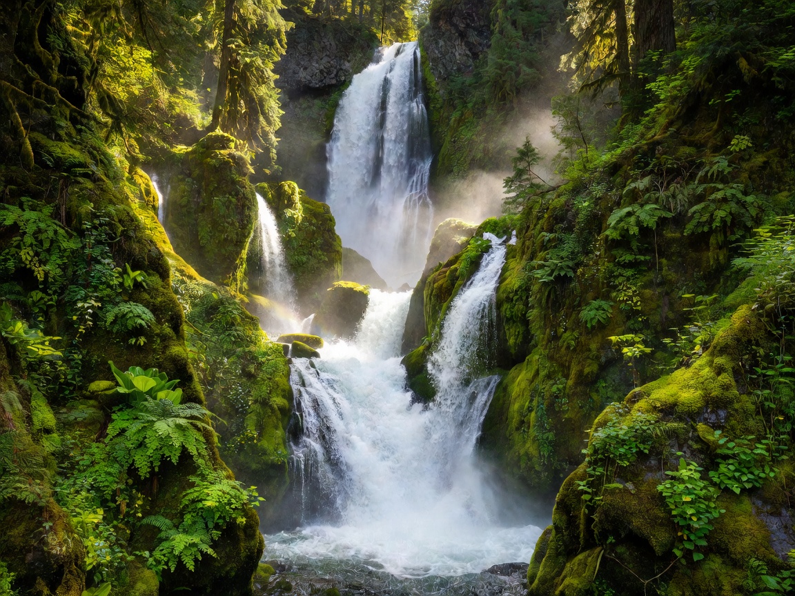 Mossbrae Cascades rushing through lush green canyon walls with rich flora