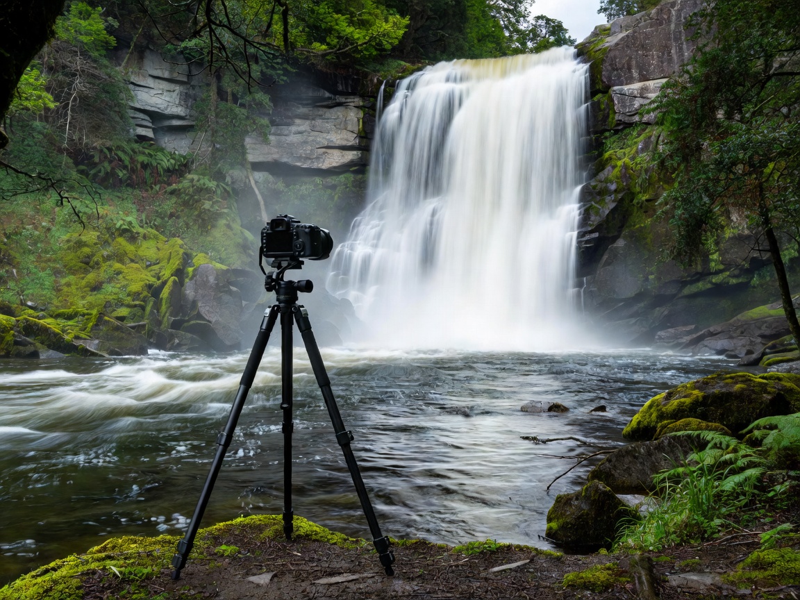 Camera set up on tripod shooting silky water motion of waterfall