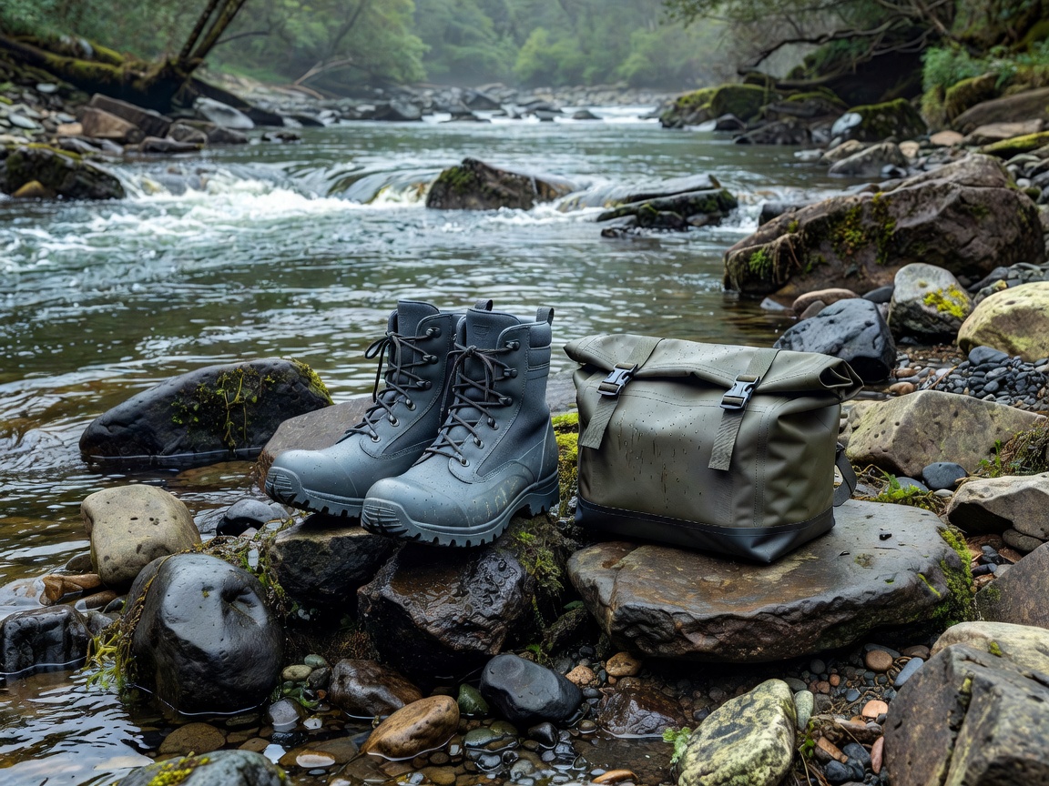 Hiking boots walking across slippery mossy rocks in forest stream