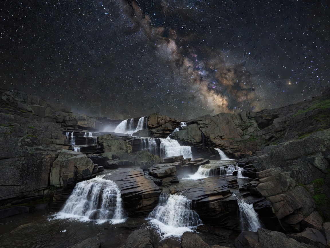 Serpentine Ravine Falls cascading down rocky tiers under starry night sky preview