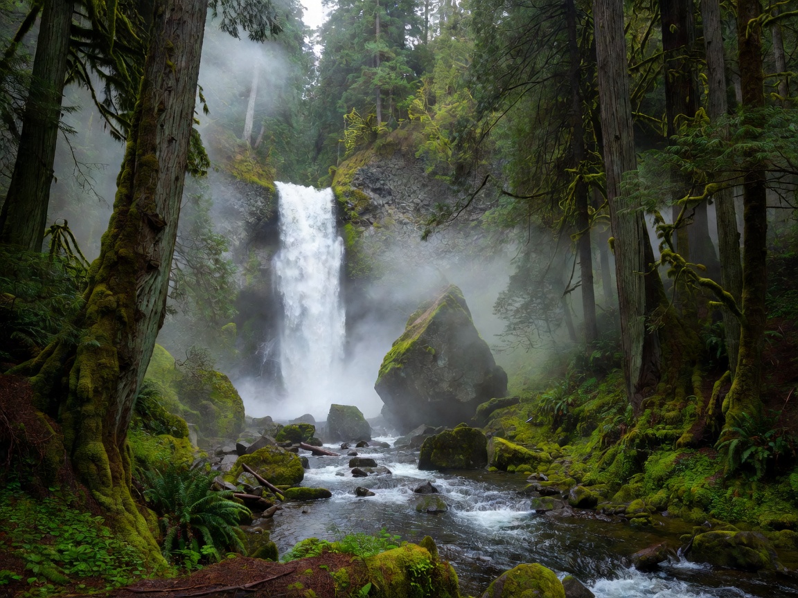 Whistle Rock Falls nestled in misty dense old growth forest stream